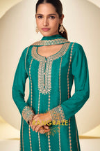 Teal Green Embroidered Premium Chinon Palazzo Suit Set