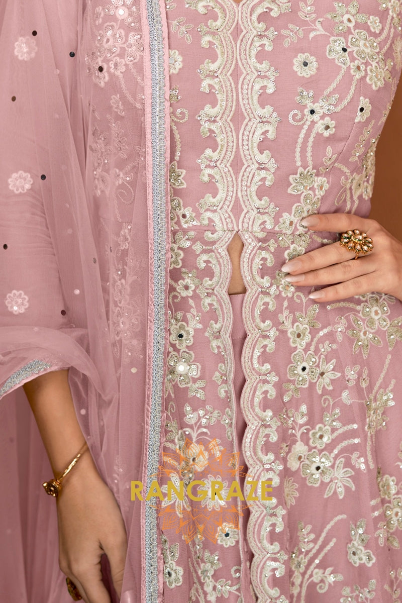Dusty Rose Pure Premium Georgette Embroidered Sharara Suit with Dupatta