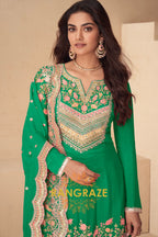 Emerald Bloom Real Chinon Designer Sharara Suit Set