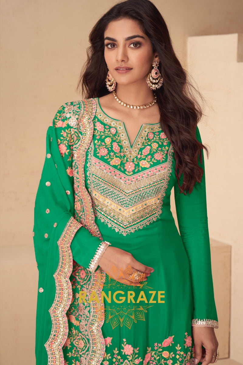 Emerald Bloom Real Chinon Designer Sharara Suit Set