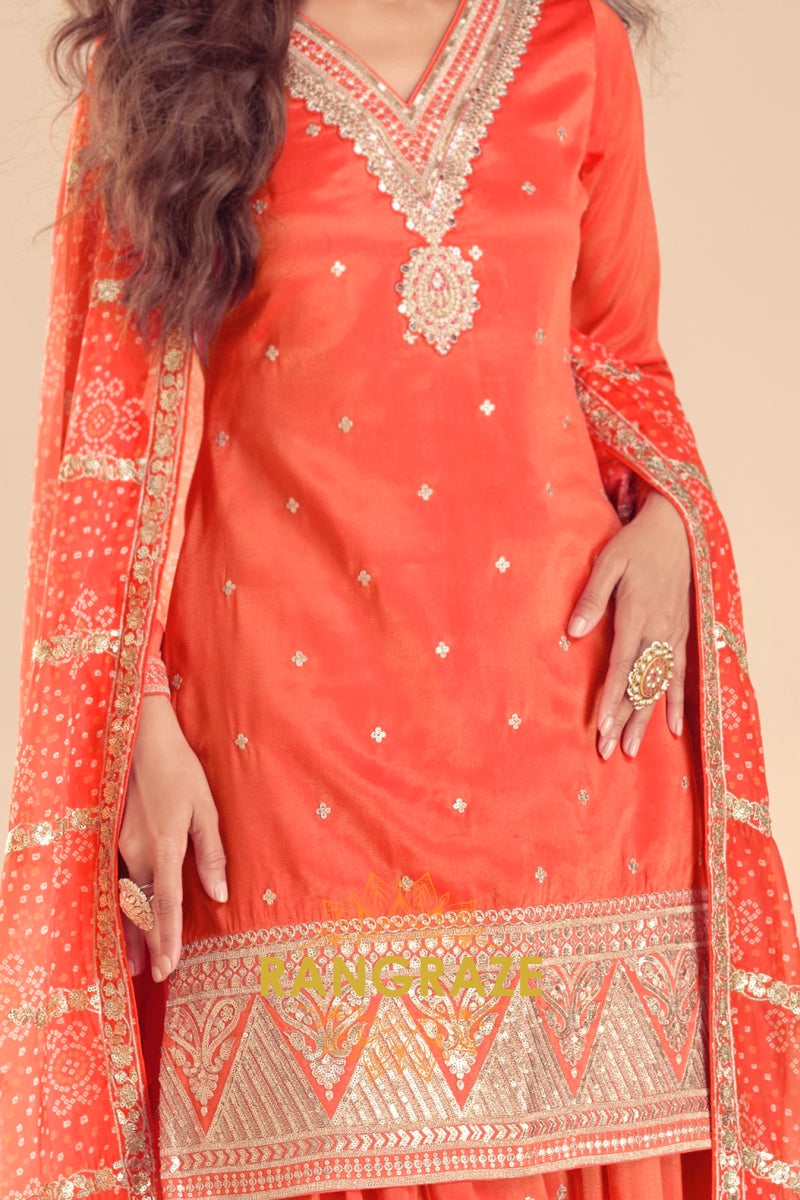 Sunset Glow Premium Shimmer Silk Embroidered Sharara Suit Set