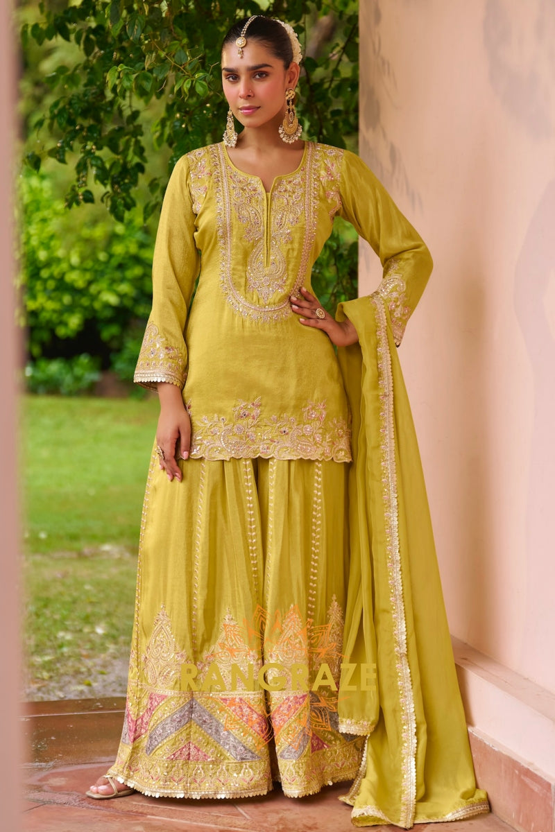 Pistachio Green Embroidered Premium chinon Sharara Suit Set