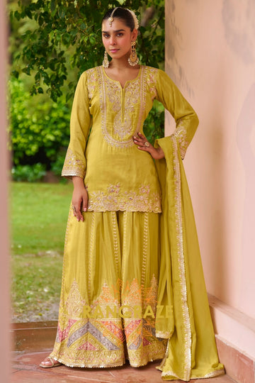 Pistachio Green Embroidered Premium chinon Sharara Suit Set