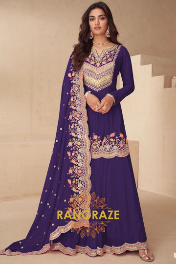 Royal Amethyst Real Chinon Designer Sharara Suit Set