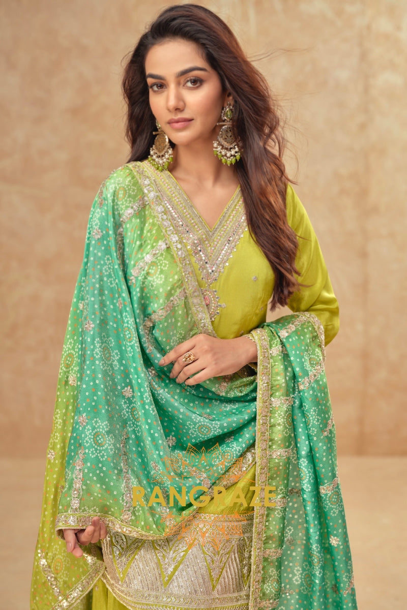 Lime Zest Premium Shimmer Silk Embroidered Sharara Suit Set