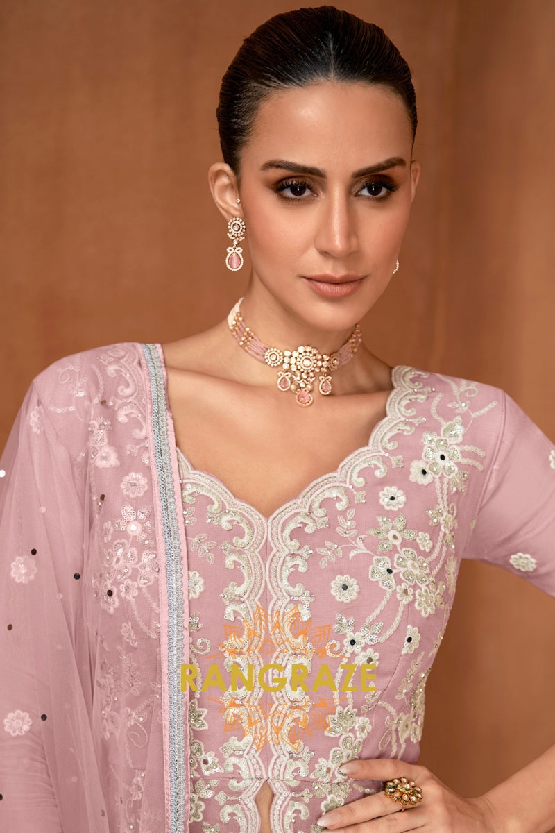 Dusty Rose Pure Premium Georgette Embroidered Sharara Suit with Dupatta