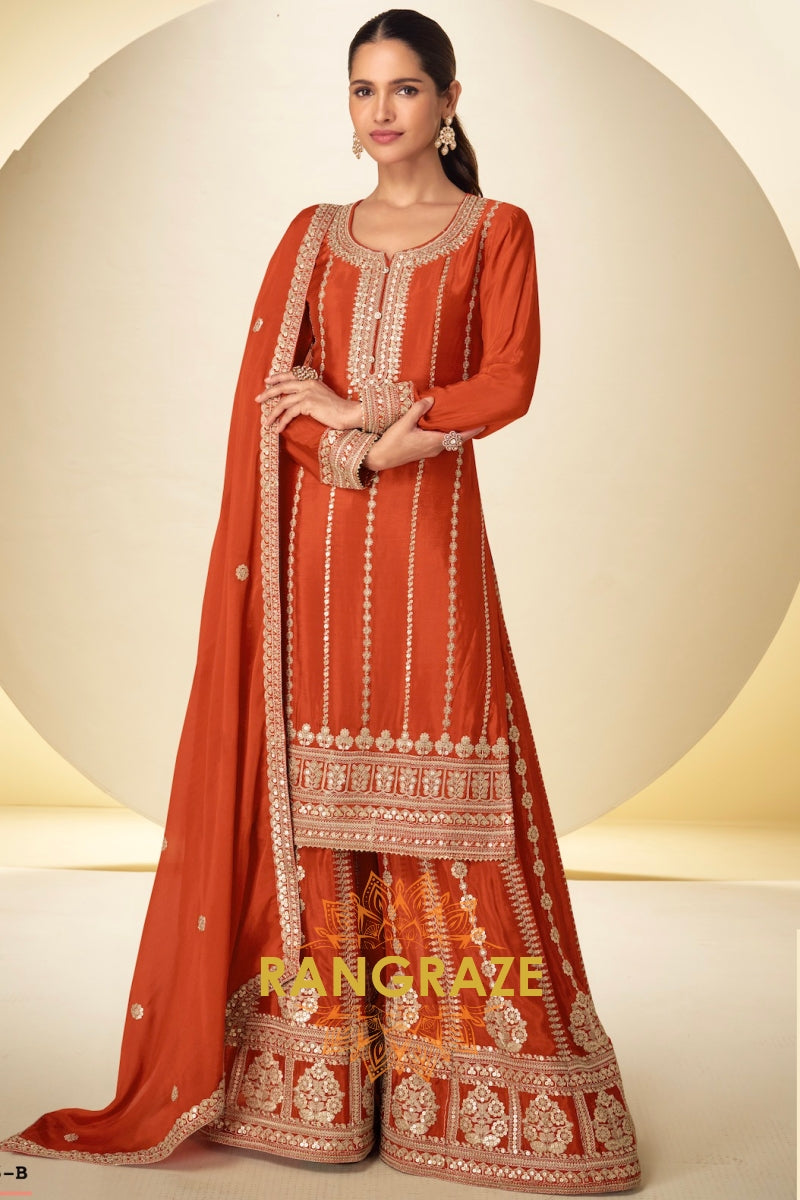 Rust Orange Embroidered Premium Chinon Palazzo Suit Set