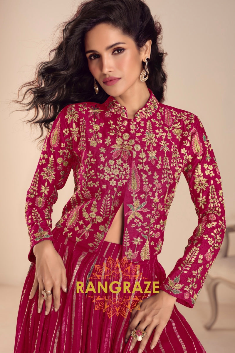 Magenta Embroidered Premium Viscose Silk Lehenga Jacket Suit Set
