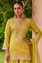 Pistachio Green Embroidered Premium chinon Sharara Suit Set