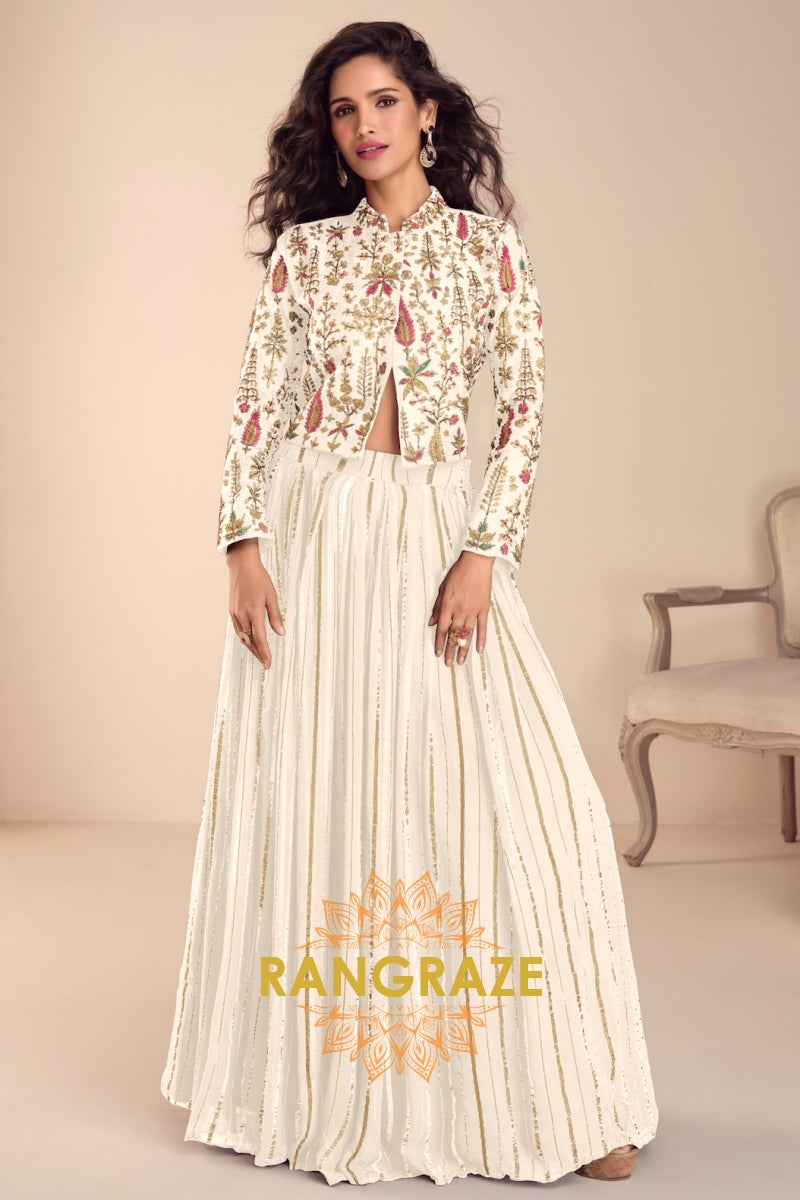 Ivory Embroidered Premium Viscose Silk Lehenga Jacket Suit Set with Can-Can