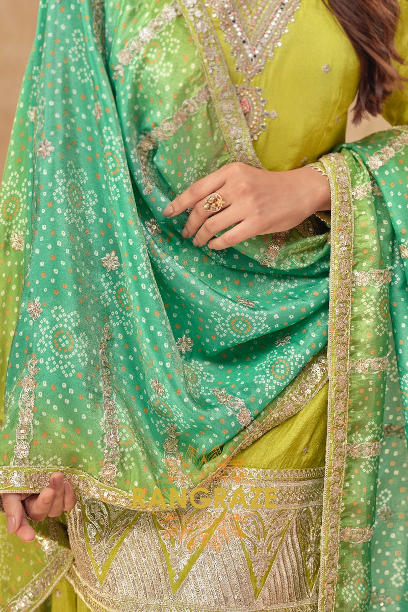 Lime Zest Premium Shimmer Silk Embroidered Sharara Suit Set