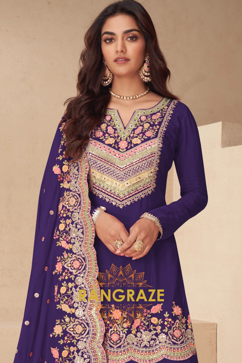 Royal Amethyst Real Chinon Designer Sharara Suit Set
