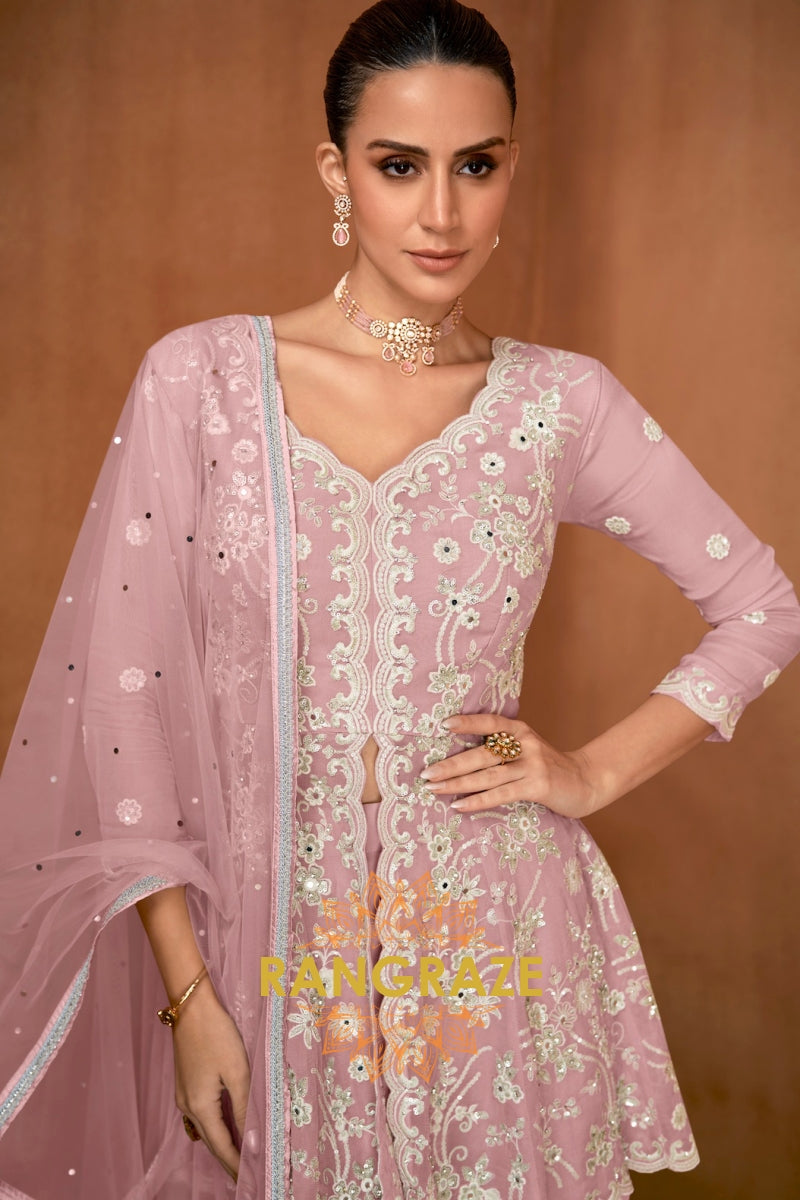 Dusty Rose Pure Premium Georgette Embroidered Sharara Suit with Dupatta