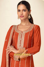 Rust Orange Embroidered Premium Chinon Palazzo Suit Set