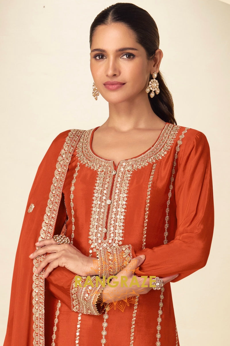 Rust Orange Embroidered Premium Chinon Palazzo Suit Set