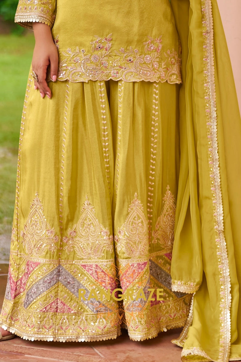 Pistachio Green Embroidered Premium chinon Sharara Suit Set