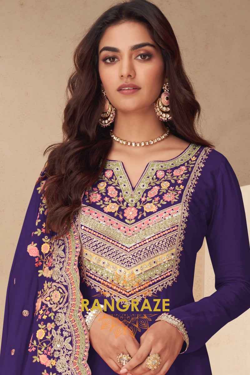 Royal Amethyst Real Chinon Designer Sharara Suit Set