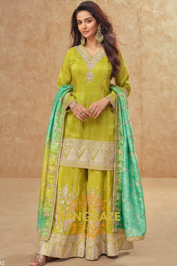Lime Zest Premium Shimmer Silk Embroidered Sharara Suit Set