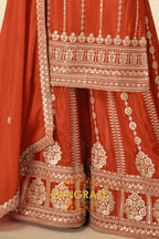 Rust Orange Embroidered Premium Chinon Palazzo Suit Set