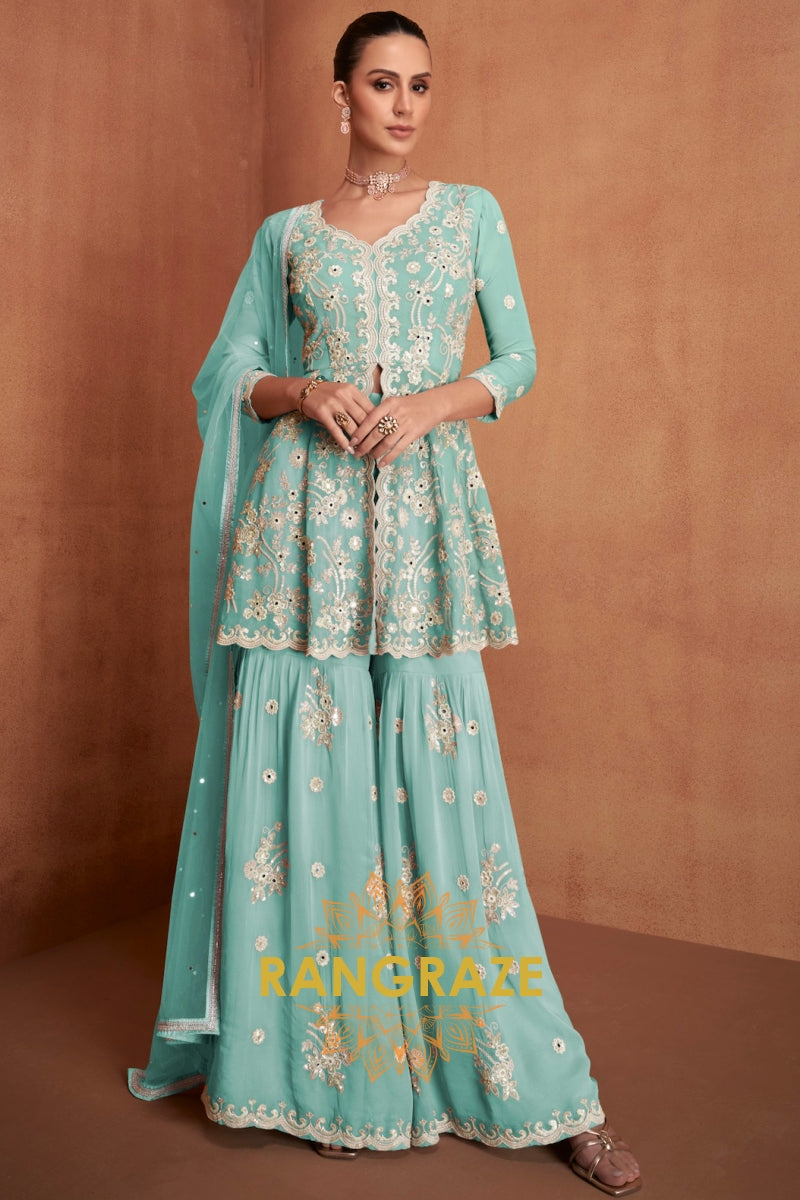 Mint Green Pure Premium Georgette Embroidered Sharara Suit with Dupatta