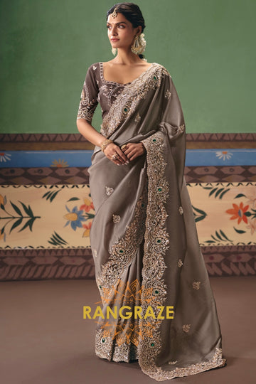 Taupe Grey Designer Embroidered Fancy Saree with Sequin, Stone & Pearl Work