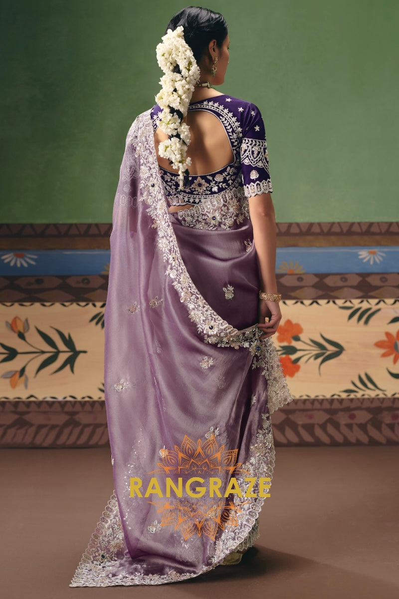Lavender Mist Designer Embroidered Fancy Saree with Sequin, Stone & Pearl Work