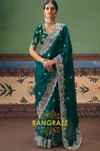 Emerald Elegance Designer Embroidered Fancy Saree with Sequin, Stone & Pearl Work