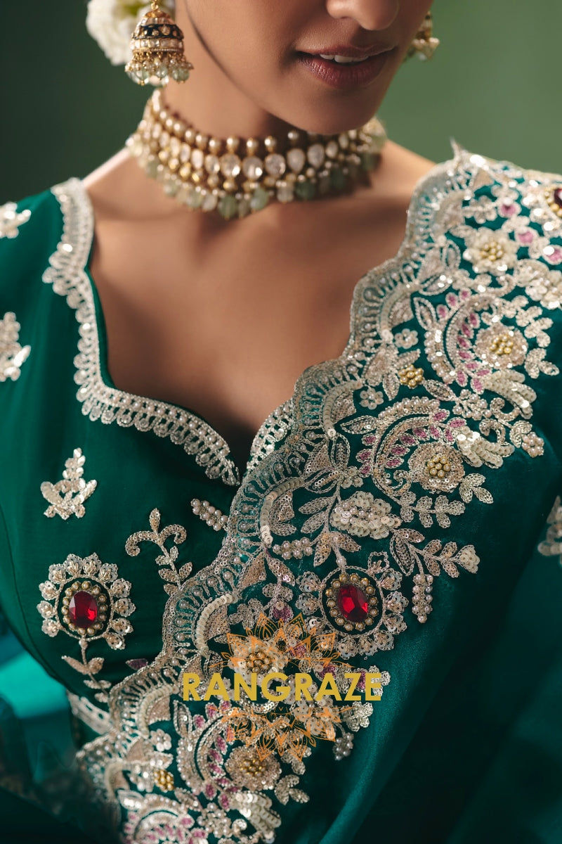 Emerald Elegance Designer Embroidered Fancy Saree with Sequin, Stone & Pearl Work