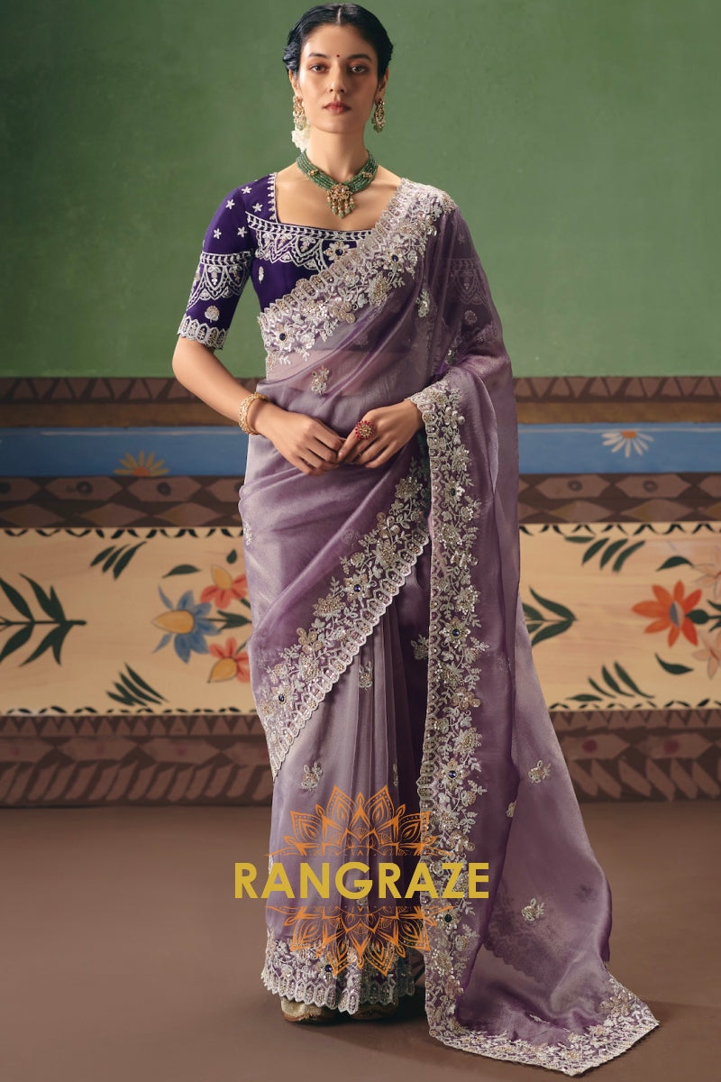Lavender Mist Designer Embroidered Fancy Saree with Sequin, Stone & Pearl Work