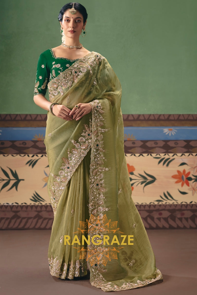 Olive Green Designer Embroidered Fancy Saree with Sequin, Stone & Pearl Work