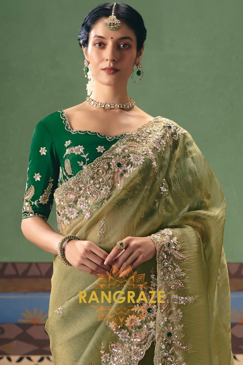 Olive Green Designer Embroidered Fancy Saree with Sequin, Stone & Pearl Work
