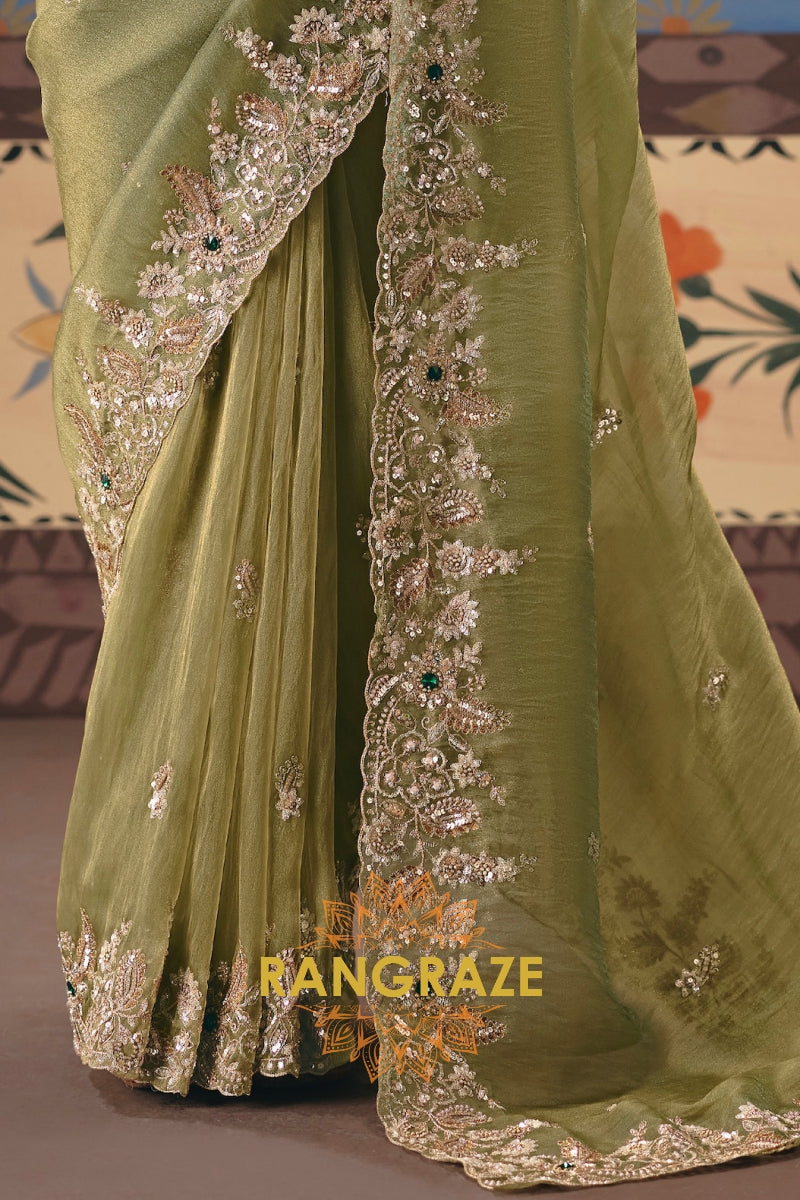 Olive Green Designer Embroidered Fancy Saree with Sequin, Stone & Pearl Work