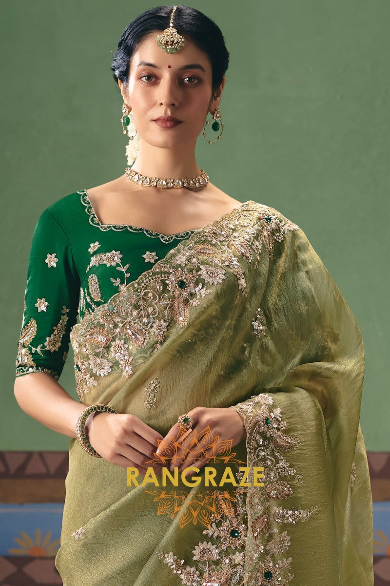 Olive Green Designer Embroidered Fancy Saree with Sequin, Stone & Pearl Work