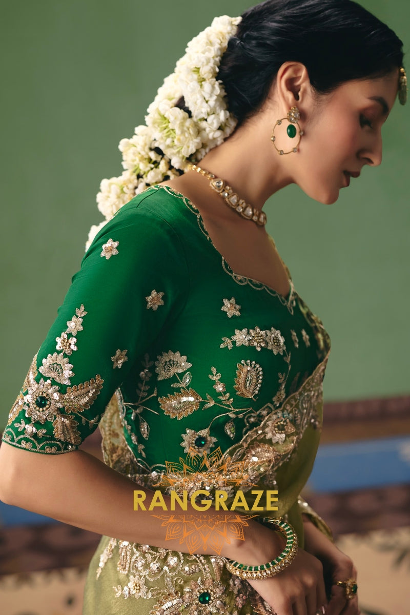 Olive Green Designer Embroidered Fancy Saree with Sequin, Stone & Pearl Work