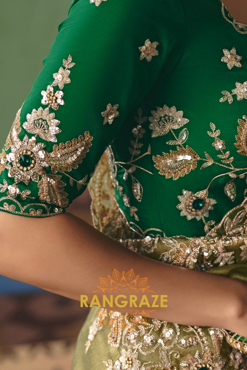 Olive Green Designer Embroidered Fancy Saree with Sequin, Stone & Pearl Work