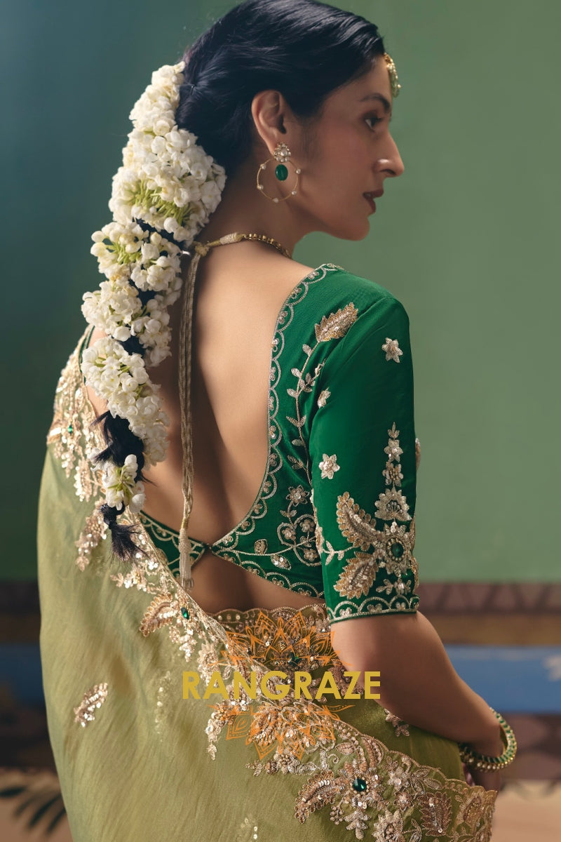 Olive Green Designer Embroidered Fancy Saree with Sequin, Stone & Pearl Work