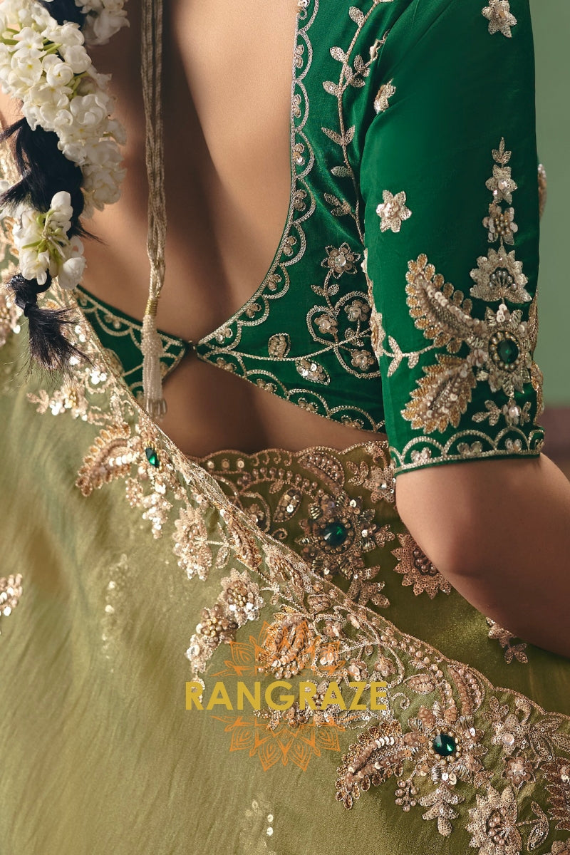 Olive Green Designer Embroidered Fancy Saree with Sequin, Stone & Pearl Work