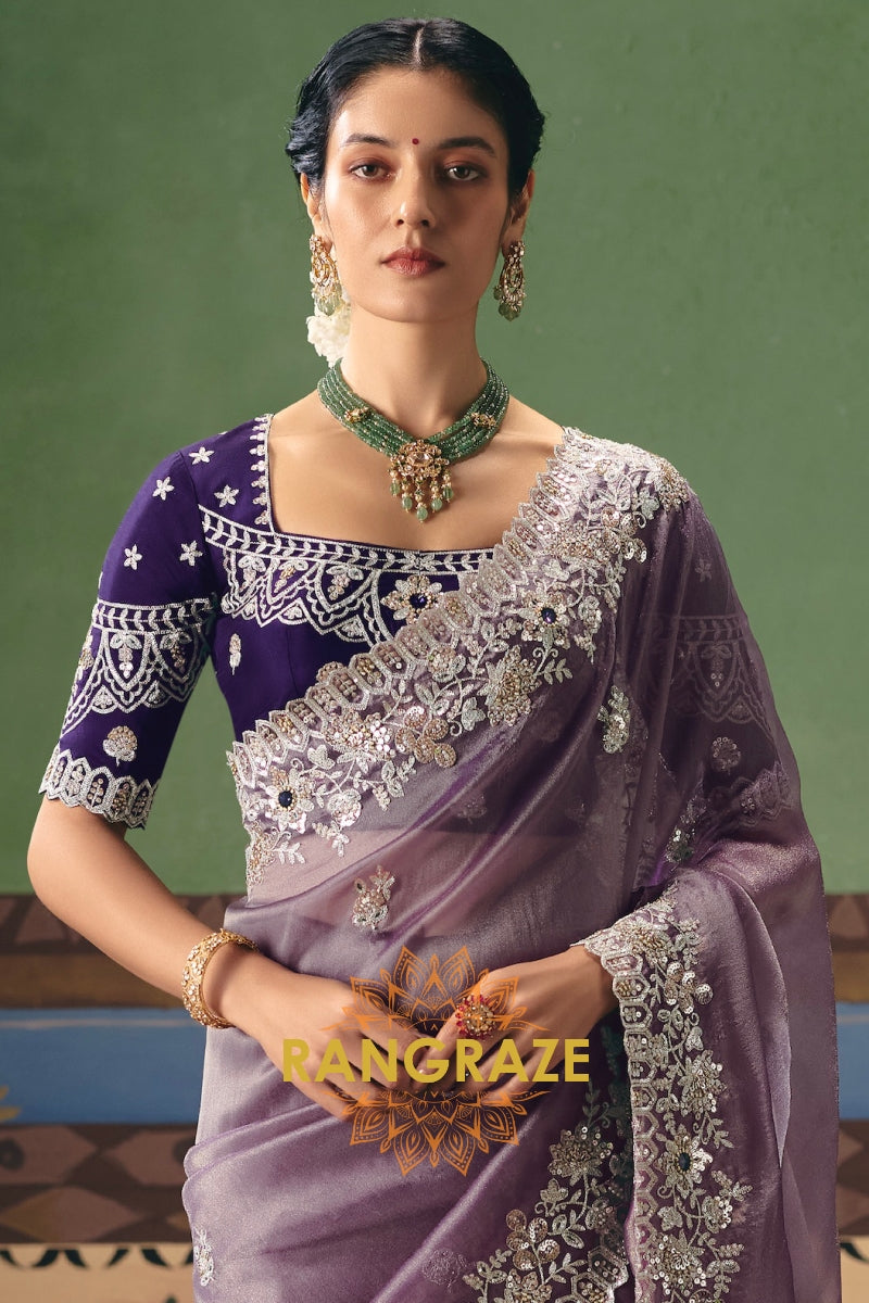 Lavender Mist Designer Embroidered Fancy Saree with Sequin, Stone & Pearl Work