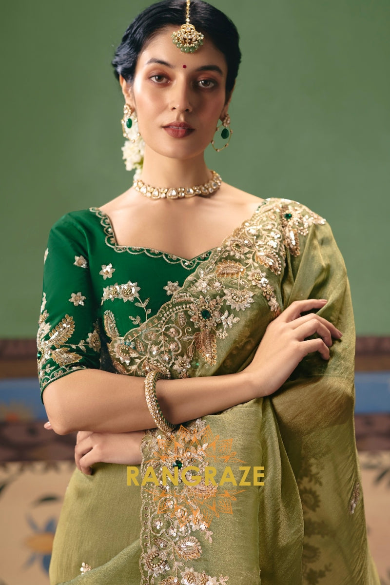 Olive Green Designer Embroidered Fancy Saree with Sequin, Stone & Pearl Work