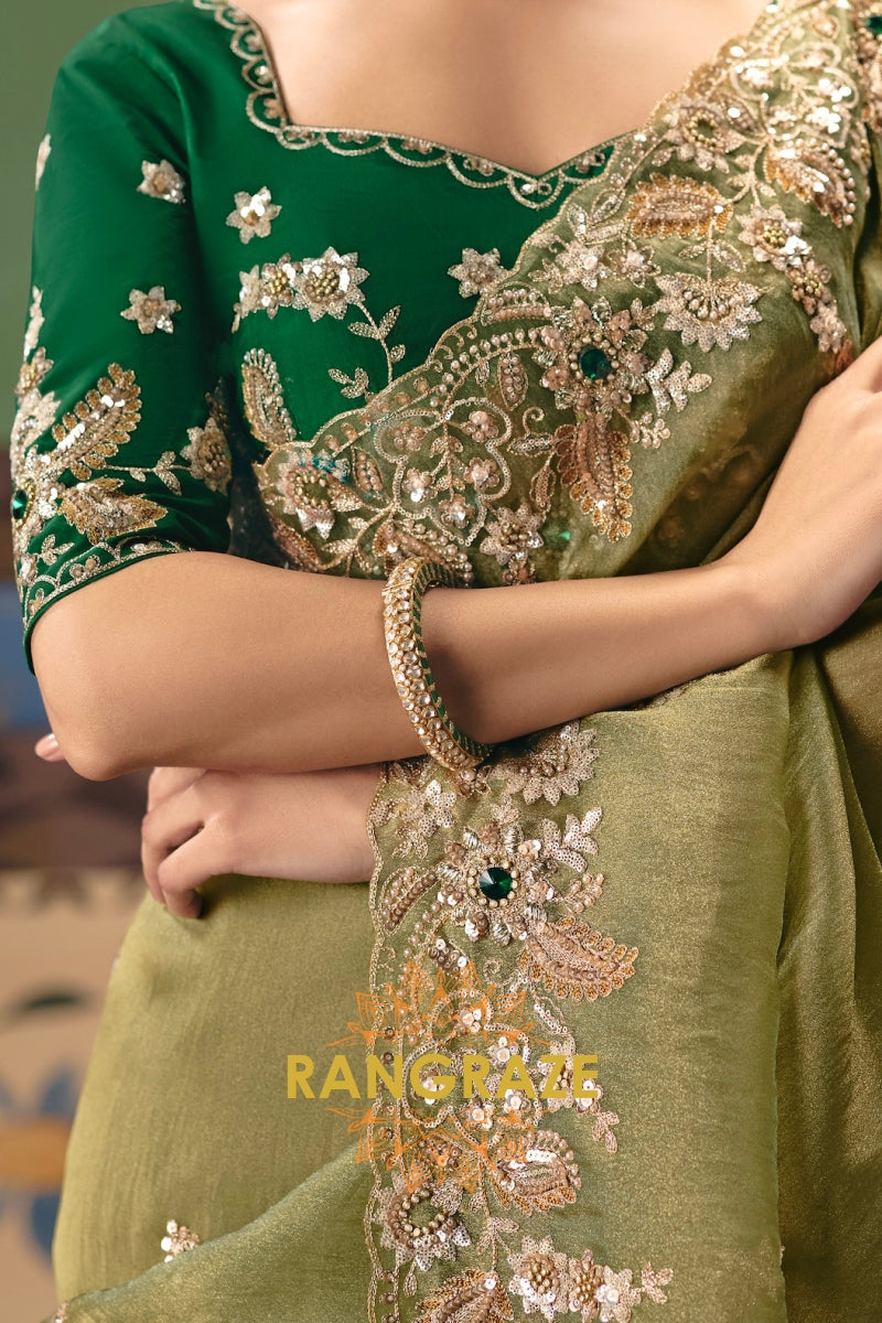 Olive Green Designer Embroidered Fancy Saree with Sequin, Stone & Pearl Work