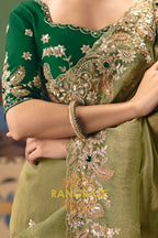 Olive Green Designer Embroidered Fancy Saree with Sequin, Stone & Pearl Work