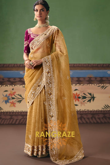 Golden Mustard Designer Embroidered Fancy Saree with Sequin, Stone & Pearl Work