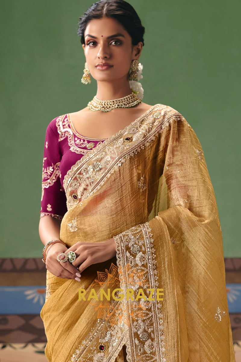 Golden Mustard Designer Embroidered Fancy Saree with Sequin, Stone & Pearl Work