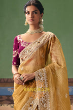 Golden Mustard Designer Embroidered Fancy Saree with Sequin, Stone & Pearl Work