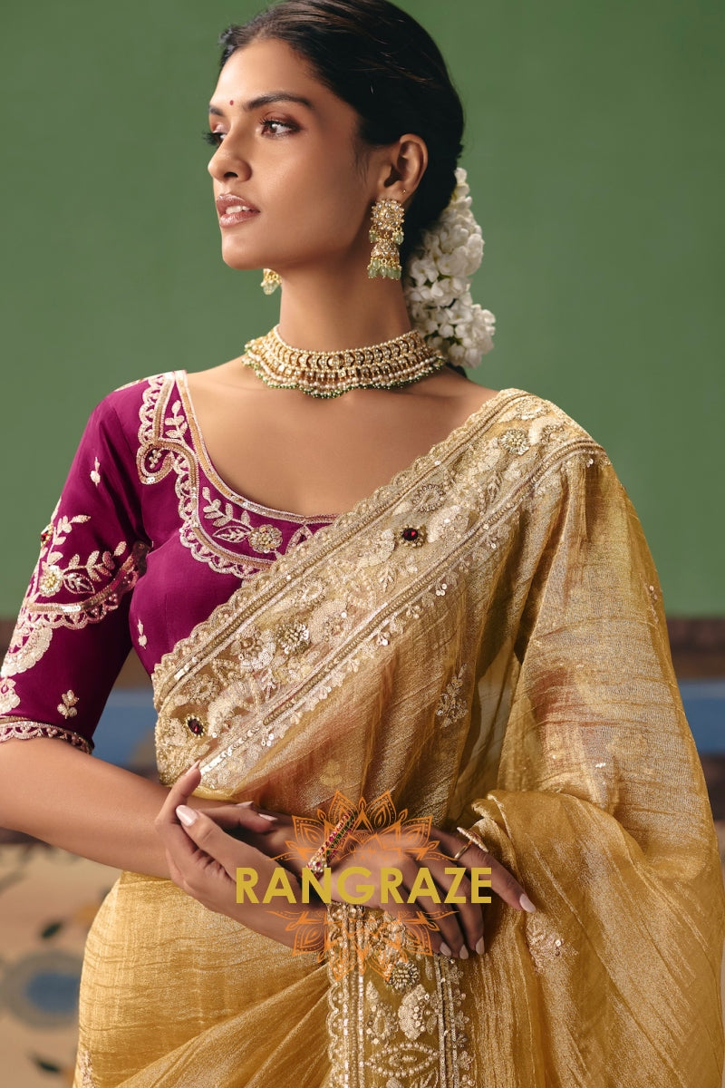 Golden Mustard Designer Embroidered Fancy Saree with Sequin, Stone & Pearl Work