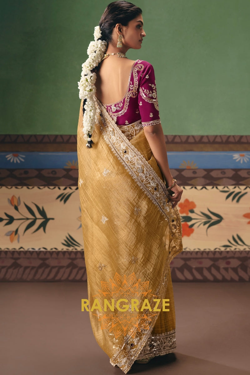 Golden Mustard Designer Embroidered Fancy Saree with Sequin, Stone & Pearl Work