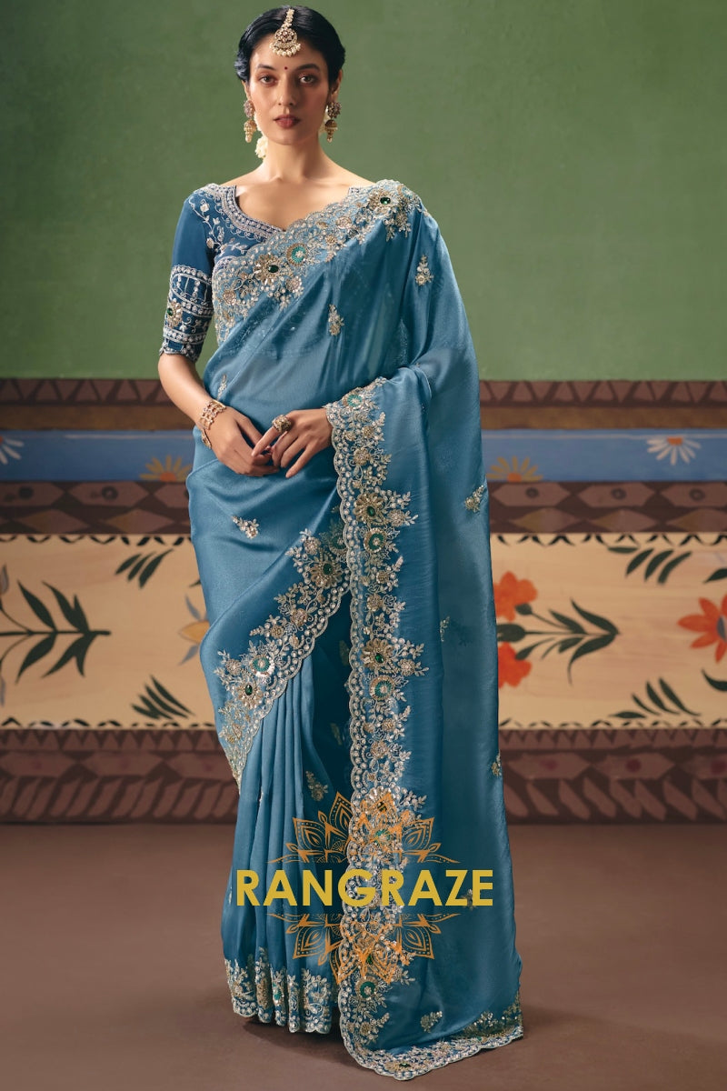 Powder Blue Designer Embroidered Fancy Saree with Sequin, Stone & Pearl Work