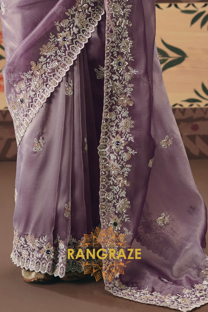 Lavender Mist Designer Embroidered Fancy Saree with Sequin, Stone & Pearl Work
