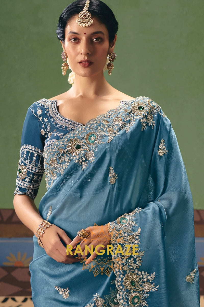 Powder Blue Designer Embroidered Fancy Saree with Sequin, Stone & Pearl Work