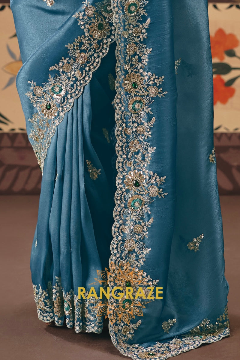 Powder Blue Designer Embroidered Fancy Saree with Sequin, Stone & Pearl Work